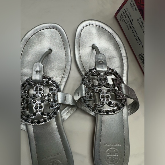 Tory Burch Miller Embellished Sandal-Metallic Suede Veg Leather #8 - Picture 3 of 15